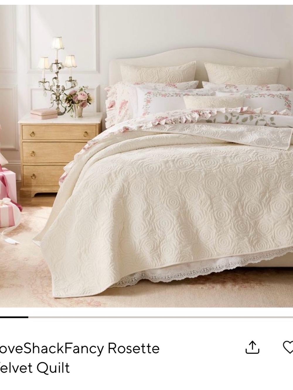 LoveShackFancy Cream Quilted Rosette Bedspread with Floral Accents